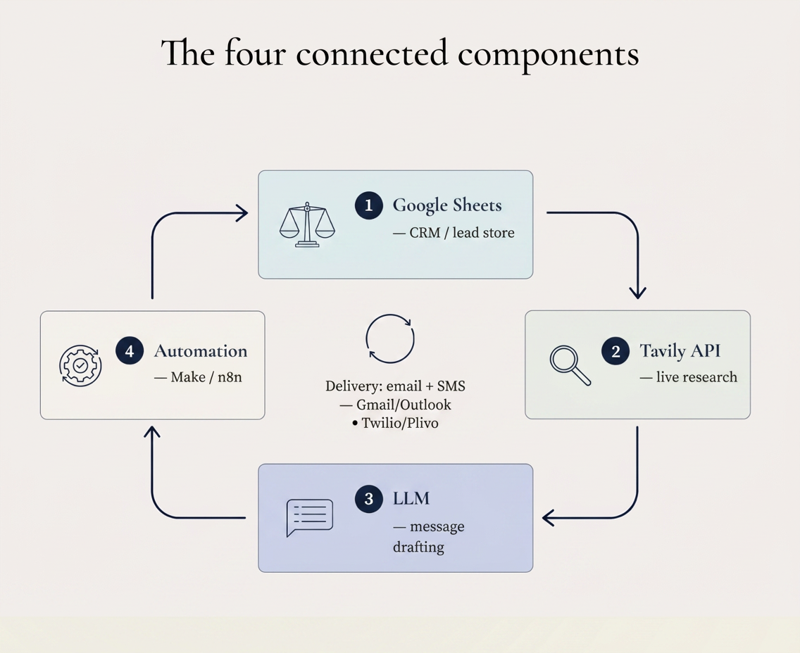 Diagram of the four connected components: a Google Sheets CRM, the Tavily research API, an LLM that drafts messages, and an automation platform (Make or n8n) that handles email and SMS delivery.